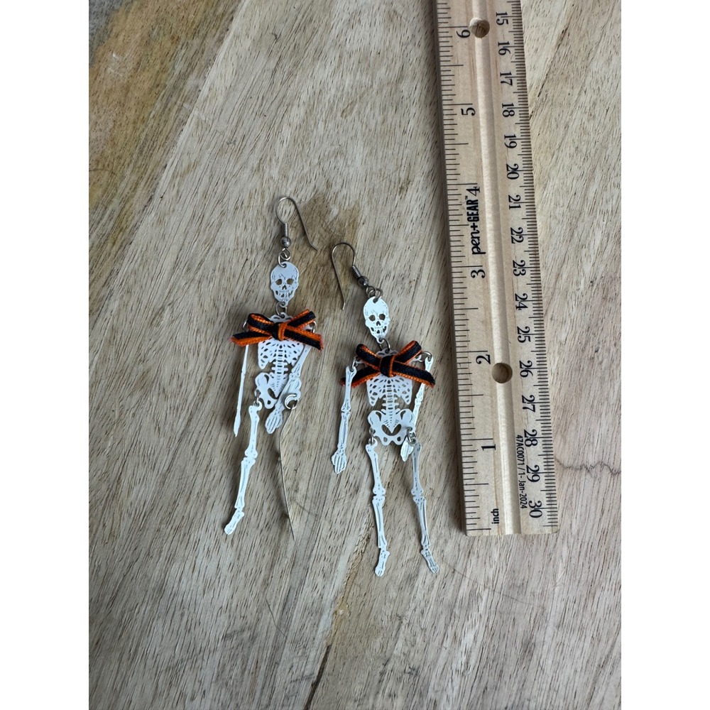 White Skeleton Halloween Drop Earrings with Orange‎ Black Bow Tie Dangle Goth